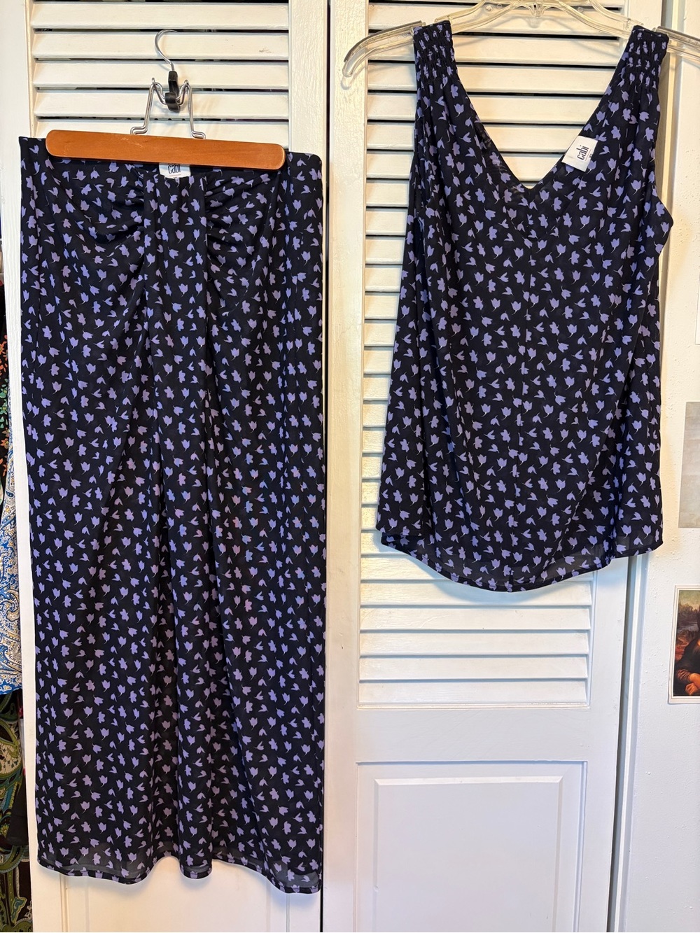 CAbi Black Midi Skirt and V-Neck Tank with Lavender Floral Print